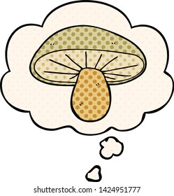 cartoon mushroom with thought bubble in comic book style