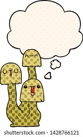 cartoon mushroom with thought bubble in comic book style