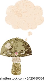cartoon mushroom with thought bubble in grunge distressed retro textured style