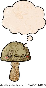 cartoon mushroom with thought bubble in grunge texture style