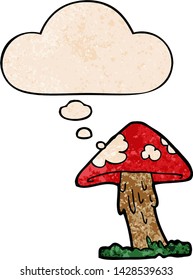 cartoon mushroom with thought bubble in grunge texture style