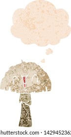 cartoon mushroom with thought bubble in grunge distressed retro textured style