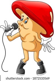 The cartoon of the mushroom using the gloves and holding the mic for singing a song