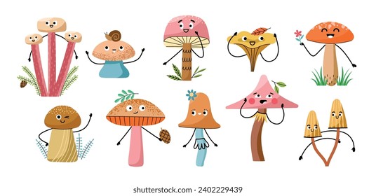 Cartoon mushrooms characters. Funny forest fungi, organic botanic elements, edible and poisonous, happy emoji, fairy creatures, vector set.eps
