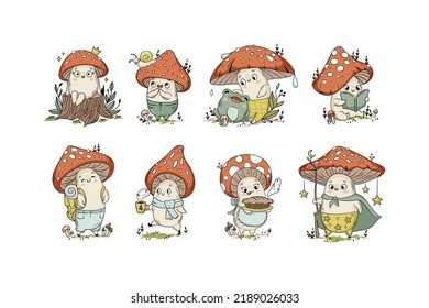 Cartoon mushrooms collection for kids. Cartoon vector illustration for posters, T-shirt print, postcard.