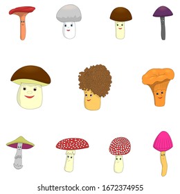 Cartoon mushrooms. Edible and poisonous mushrooms isolated on white background. Funny mushrooms with cute faces.