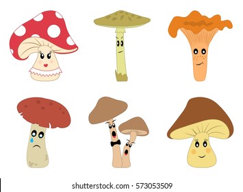 Cartoon mushrooms emoji. Stylized characters with different emotions. Vector illustration