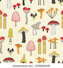 Cartoon mushrooms with eyes seamless pattern. Funny print with characters