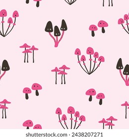 Cartoon mushrooms with eyes seamless pattern. Funny print for kids
