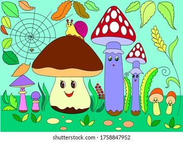 Cartoon mushrooms with a face . Facial expressions, emotions, mood. A vector isolated on a colored background. Stock illustration. Children's illustration.