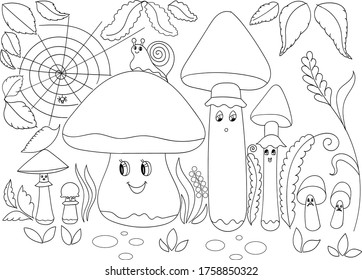 Cartoon mushrooms with a face . Facial expressions, emotions, mood. A vector isolated on a colored background. Stock illustration. Children's illustration.