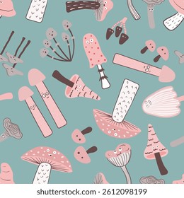 Cartoon mushrooms seamless pattern. Funny print for kids