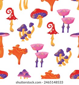 Cartoon mushrooms seamless pattern. Poisonous and edible mushroom, chanterelle, cep, amanita and truffle. Autumn forest fungi. Food plant, botanical design elements. Vector flat isolated on background