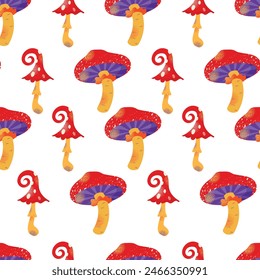 Cartoon mushrooms seamless pattern. Poisonous and edible mushroom, chanterelle, cep, amanita and truffle. Autumn forest fungi. Food plant, botanical design elements. Vector flat isolated on background