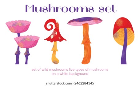 Cartoon mushrooms set. Poisonous and edible mushroom, chanterelle, cep, amanita and truffle. Autumn forest fungi. Food plant, botanical design elements. Vector flat illustration isolated on background