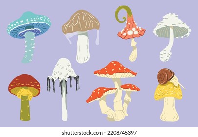 Cartoon mushrooms set. Poisonous mushrooms. Hallucinogenic fungi. Natural poisonous fairytale game asset. Flat Vector Illustration