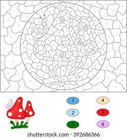 Cartoon mushrooms with snail. Color by number educational game for kids. Illustration for schoolchild and preschool