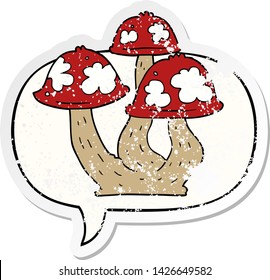 cartoon mushrooms with speech bubble distressed distressed old sticker