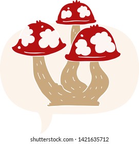 cartoon mushrooms with speech bubble in retro style