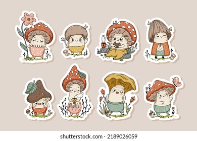 Cartoon mushrooms stickers collection for kids. Cartoon vector illustration for posters, T-shirt print, postcard.	