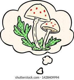 cartoon mushrooms with thought bubble in comic book style