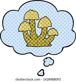 cartoon mushrooms with thought bubble in comic book style