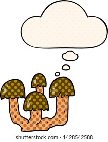 cartoon mushrooms with thought bubble in comic book style