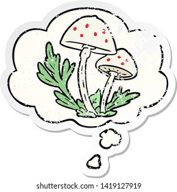 cartoon mushrooms with thought bubble as a distressed worn sticker