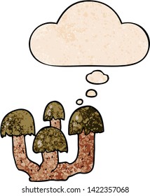 cartoon mushrooms with thought bubble in grunge texture style