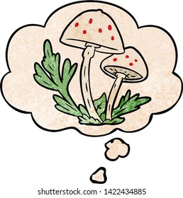 cartoon mushrooms with thought bubble in grunge texture style