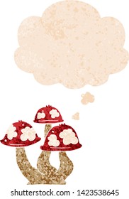 cartoon mushrooms with thought bubble in grunge distressed retro textured style