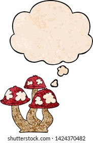 cartoon mushrooms with thought bubble in grunge texture style