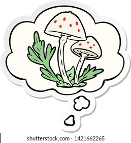 cartoon mushrooms with thought bubble as a printed sticker