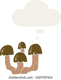 cartoon mushrooms with thought bubble in retro style