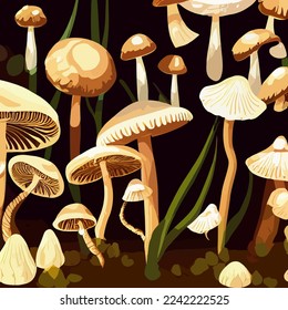 Cartoon mushrooms. Vector illustration, print for background, print on fabric, paper, wallpaper, packaging.