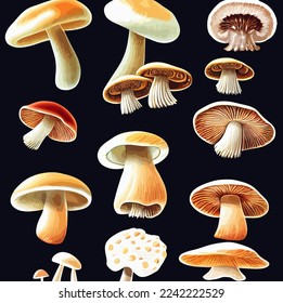 Cartoon mushrooms. Vector illustration, print for background, print on fabric, paper, wallpaper, packaging.
