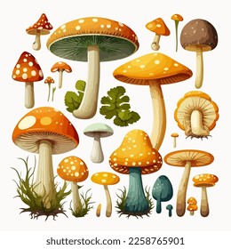 Cartoon mushrooms. Vector illustration, print for background, print on fabric, paper, wallpaper, packaging.	