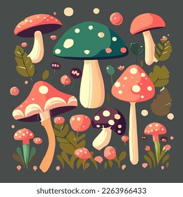 Cartoon mushrooms. Vector illustration, print for background, print on fabric, paper, wallpaper, packaging