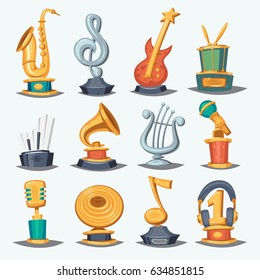 Cartoon music award statuette entertainment winner top artist achievement prize vector illustration.