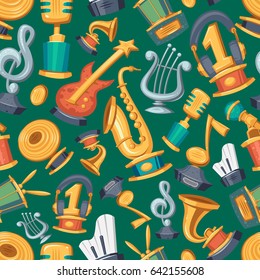 Cartoon music award statuette entertainment winner top artist achievement prize vector illustration seamless pattern background