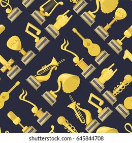 Cartoon music awards, statuette entertainment vector illustration seamless pattern background