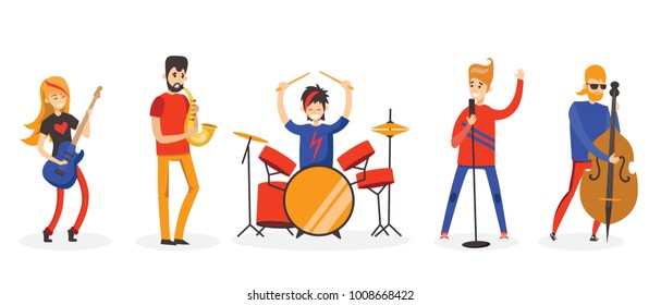 Cartoon music band. Concept music character design. Vector illustration in the flat style isolated on the white background