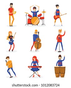 Cartoon music band. Concept music character design. Vector illustration in the flat style isolated on the white background