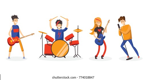 Cartoon music band. Concept music character design. Vector illustration in the flat style isolated on the white background