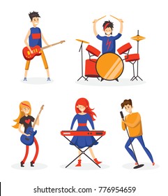 Cartoon music band. Concept music character design. Vector illustration in the flat style isolated on the white background