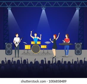 Cartoon Music Band on Stage Card Poster Flyer Concert, Performance or Party Concept Flat Design Style. Vector illustration