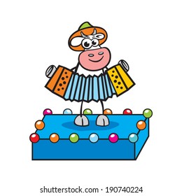 Cartoon music cow playing the accordion onstage Branding Identity Corporate vector logo design template Isolated on a white background