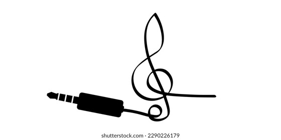 Cartoon music note plug icon. Musical note, sound line patern. Flat vector notes wave sign. Audio jack plug, 35 mm. Stereo audio cable. connect concept symbol.melody key idea.