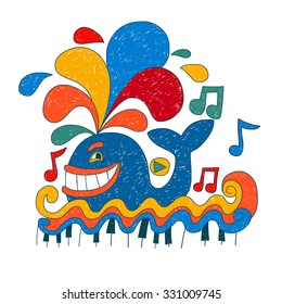 Cartoon music whale. Hand drawn vector illustration