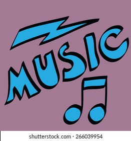 cartoon music word and musical notes, vector illustration icon 